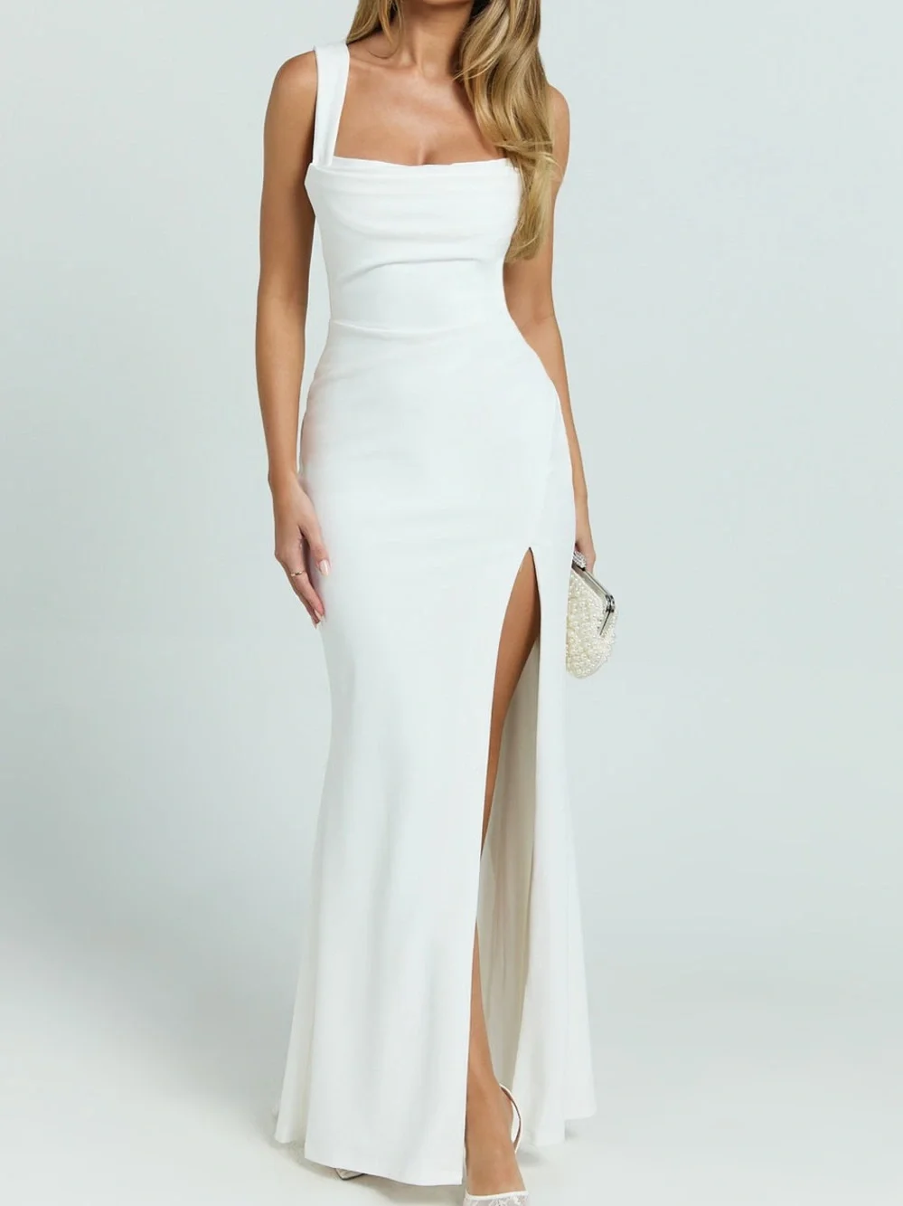 NWT REVOLVE Australia SHOWPO Tabitha cowlneck high split ivory maxi dress US 10 - Picture 2 of 13
